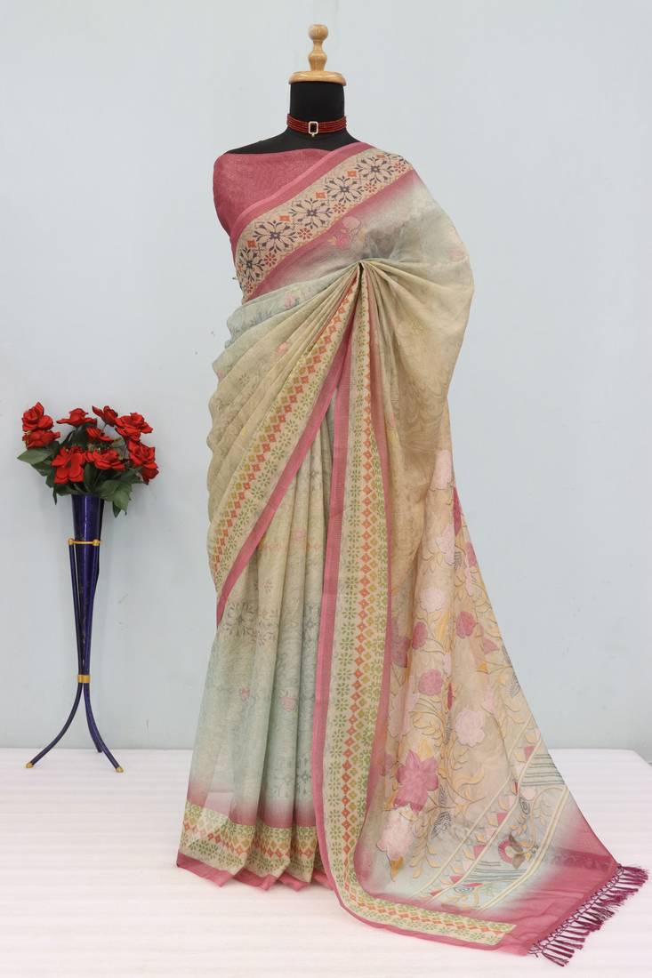 cream pink cotton blend zari weaving floral digital print festive saree with unstitched blouse piece