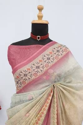cream pink cotton blend zari weaving floral digital print festive saree with unstitched blouse piece 2