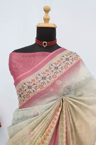 cream pink cotton blend zari weaving floral digital print festive saree with unstitched blouse piece