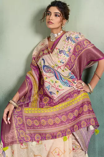 Off white color linen fabric graceful festive looks fancy saree