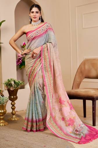 cream pink cotton blend zari weaving floral digital print festive saree with unstitched blouse piece