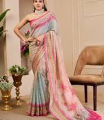 cream pink cotton blend zari weaving floral digital print festive saree with unstitched blouse piece