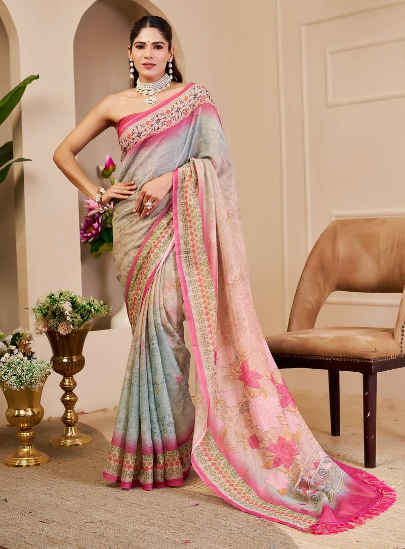 cream pink cotton blend zari weaving floral digital print festive saree with unstitched blouse piece