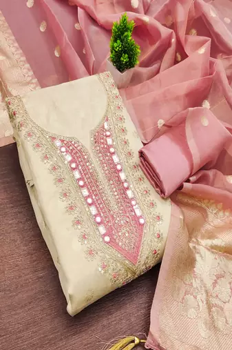  beige & contrast embroidered shimmer unstitched dress material with mirror work