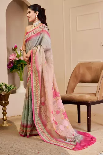 cream pink cotton blend zari weaving floral digital print festive saree with unstitched blouse piece