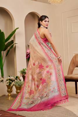 cream pink cotton blend zari weaving floral digital print festive saree with unstitched blouse piece 3