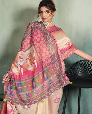Cream color linen fabric graceful festive looks fancy saree 3