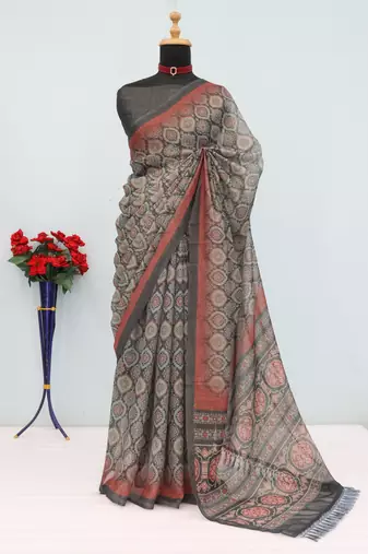 grey cotton blend zari weaving floral digital print festive saree with unstitched blouse piece