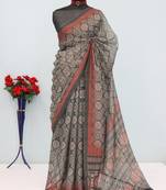 grey cotton blend zari weaving floral digital print festive saree with unstitched blouse piece
