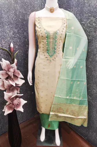 beige & contrast embroidered shimmer unstitched dress material with mirror work