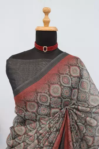 grey cotton blend zari weaving floral digital print festive saree with unstitched blouse piece