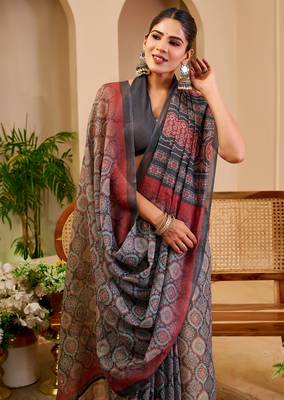 grey cotton blend zari weaving floral digital print festive saree with unstitched blouse piece 1