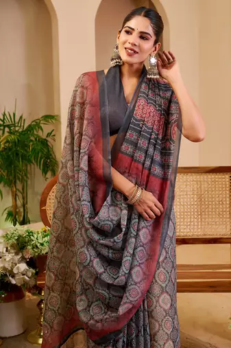 grey cotton blend zari weaving floral digital print festive saree with unstitched blouse piece