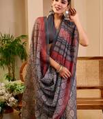 grey cotton blend zari weaving floral digital print festive saree with unstitched blouse piece