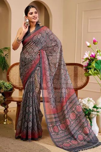 grey cotton blend zari weaving floral digital print festive saree with unstitched blouse piece