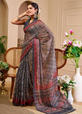 grey cotton blend zari weaving floral digital print festive saree with unstitched blouse piece 3