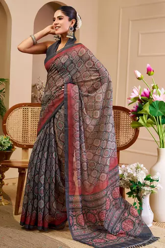 grey cotton blend zari weaving floral digital print festive saree with unstitched blouse piece