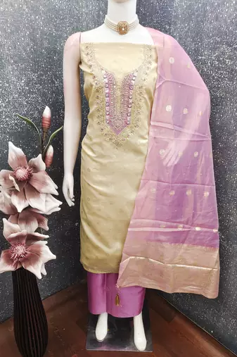  beige & contrast embroidered shimmer unstitched dress material with mirror work