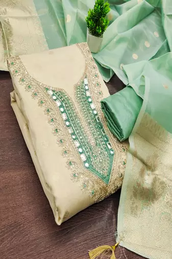  beige & contrast embroidered shimmer unstitched dress material with mirror work