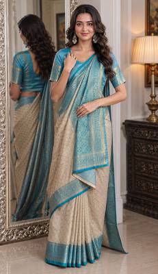Off white sky soft kanjivaram silk blend banarasi jacuard work festive saree with unstitched blouse piece 1