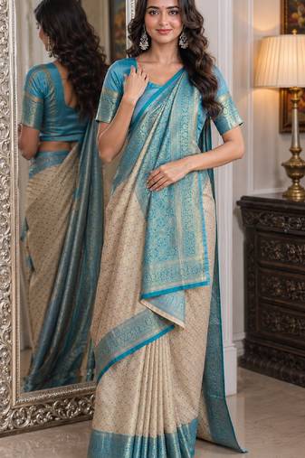 Off white sky soft kanjivaram silk blend banarasi jacuard work festive saree with unstitched blouse piece