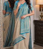 Off white sky soft kanjivaram silk blend banarasi jacuard work festive saree with unstitched blouse piece