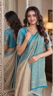 Off white sky soft kanjivaram silk blend banarasi jacuard work festive saree with unstitched blouse piece 2