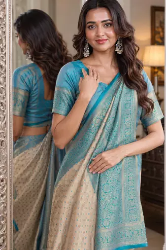 Off white sky soft kanjivaram silk blend banarasi jacuard work festive saree with unstitched blouse piece