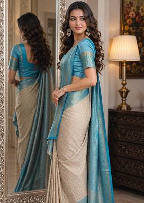Off white sky soft kanjivaram silk blend banarasi jacuard work festive saree with unstitched blouse piece 3