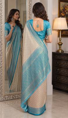 Off white sky soft kanjivaram silk blend banarasi jacuard work festive saree with unstitched blouse piece 4