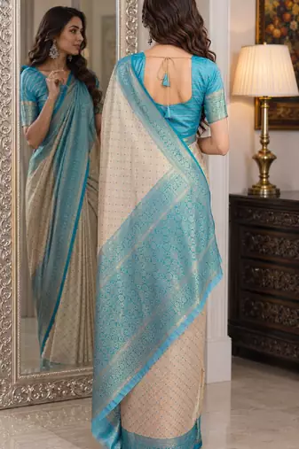Off white sky soft kanjivaram silk blend banarasi jacuard work festive saree with unstitched blouse piece