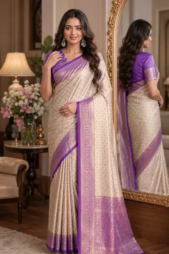 Off white sky soft kanjivaram silk blend banarasi jacuard work festive saree with unstitched blouse piece