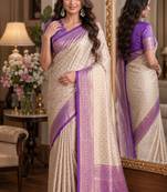 Off white sky soft kanjivaram silk blend banarasi jacuard work festive saree with unstitched blouse piece