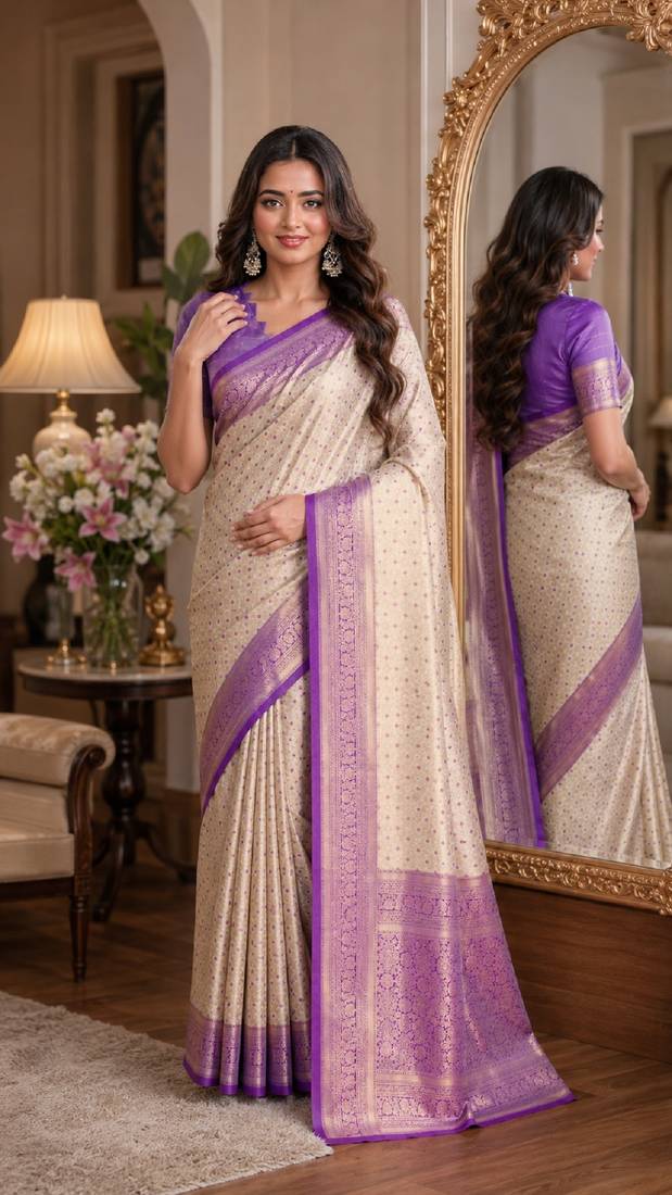 Off white sky soft kanjivaram silk blend banarasi jacuard work festive saree with unstitched blouse piece