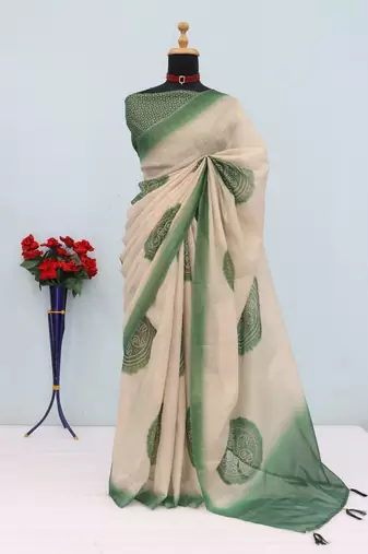 cream green cotton blend zari weaving floral digital print festive saree with unstitched blouse piece