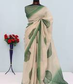 cream green cotton blend zari weaving floral digital print festive saree with unstitched blouse piece