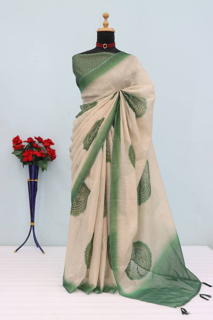 cream green cotton blend zari weaving floral digital print festive saree with unstitched blouse piece