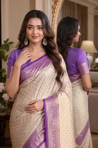 Off white sky soft kanjivaram silk blend banarasi jacuard work festive saree with unstitched blouse piece