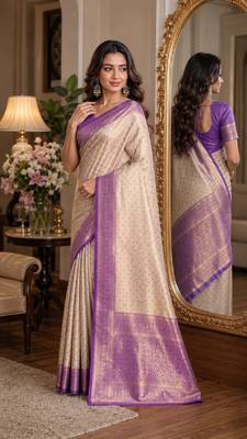 Off white sky soft kanjivaram silk blend banarasi jacuard work festive saree with unstitched blouse piece 3