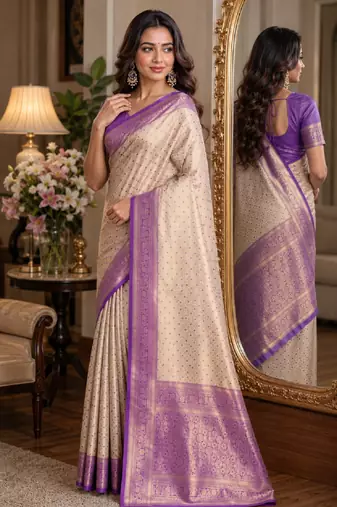 Off white sky soft kanjivaram silk blend banarasi jacuard work festive saree with unstitched blouse piece