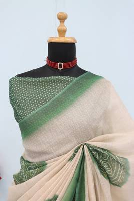 cream green cotton blend zari weaving floral digital print festive saree with unstitched blouse piece 2