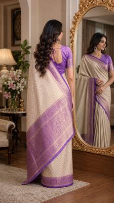 Off white sky soft kanjivaram silk blend banarasi jacuard work festive saree with unstitched blouse piece 4