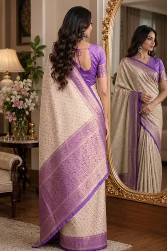 Off white sky soft kanjivaram silk blend banarasi jacuard work festive saree with unstitched blouse piece