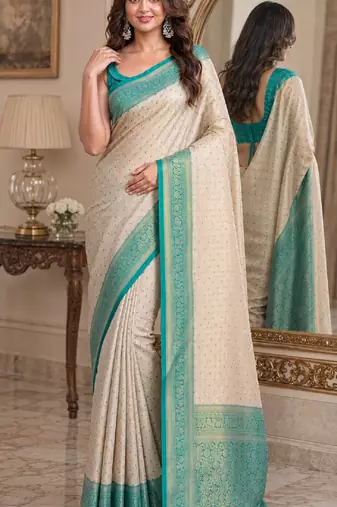 Off white sky soft kanjivaram silk blend banarasi jacuard work festive saree with unstitched blouse piece