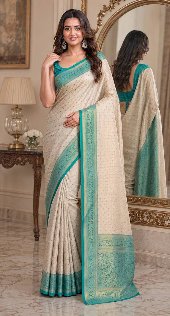 Off white sky soft kanjivaram silk blend banarasi jacuard work festive saree with unstitched blouse piece