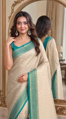 Off white sky soft kanjivaram silk blend banarasi jacuard work festive saree with unstitched blouse piece 2