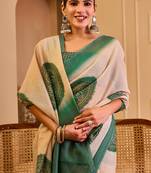 cream green cotton blend zari weaving floral digital print festive saree with unstitched blouse piece