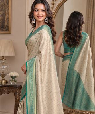 Off white sky soft kanjivaram silk blend banarasi jacuard work festive saree with unstitched blouse piece 3
