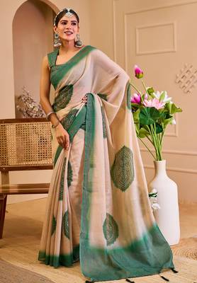 cream green cotton blend zari weaving floral digital print festive saree with unstitched blouse piece 2