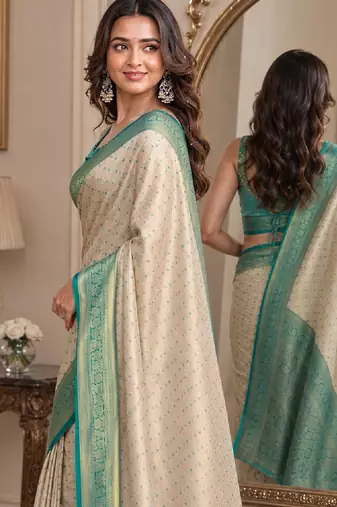 Off white sky soft kanjivaram silk blend banarasi jacuard work festive saree with unstitched blouse piece